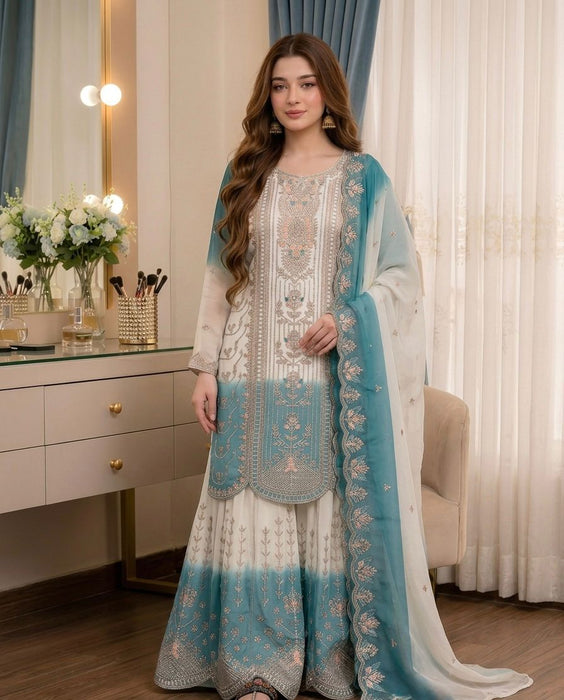 Designer Party Wear Heavy Dual Tone Peding Star Georgette Top Plazzo & Dupatta Set