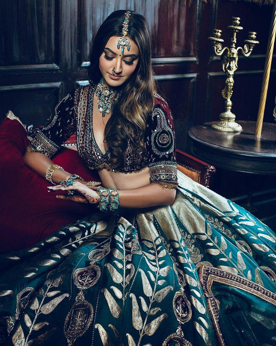 Premium Mulmul Satin Silkb Embellished With Beautiful Thread Work Lehenga Choli