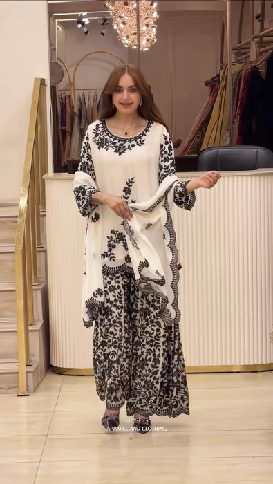Designer Pure Heavy Faux Georgette With Embroidery Sequence Work Top-Bottom And Dupatta Set