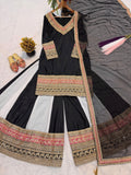 New Designer Party Wear Top Sharara Plazzo And Dupatta With Heavy Natural Crep Silk Material