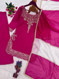3 PIECE STYLISH TOP PLAZO AND DUPATTA WITH BEAUTIFUL EMBROIDERY SEQUENCE WORK