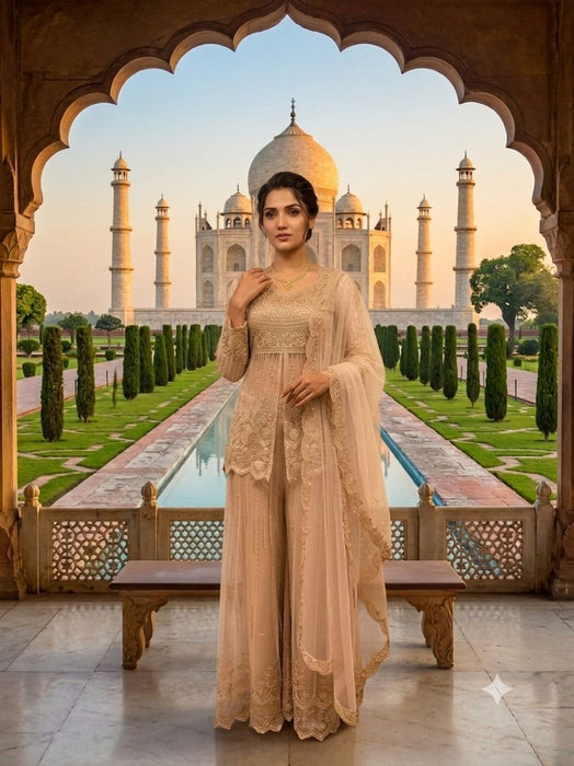 Designer Party Wear Butterfly Net Top Plazzo And Dupatta Set With Beautiful Sequence Work