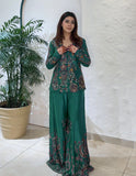 DESIGNER WEAR CHINON SILK 3 PIECE PLAZZO PAIR WITH SEQUENCE EMBROIDERY WORK