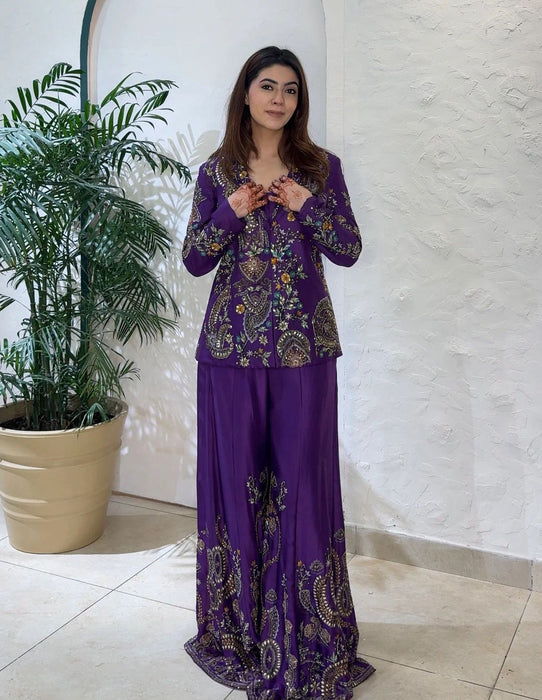 DESIGNER WEAR CHINON SILK 3 PIECE PLAZZO PAIR WITH SEQUENCE EMBROIDERY WORK