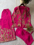DESIGNER WEAR CHINON SILK 3 PIECE PLAZZO PAIR WITH SEQUENCE EMBROIDERY WORK