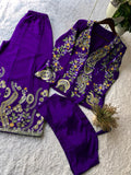 DESIGNER WEAR CHINON SILK 3 PIECE PLAZZO PAIR WITH SEQUENCE EMBROIDERY WORK