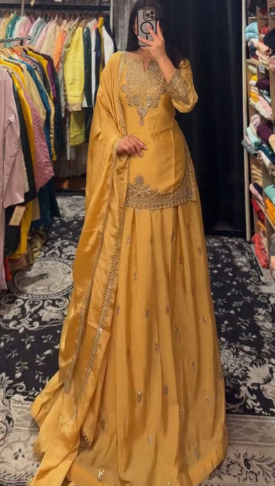 New Designer Party Wear Chinon Silk Top Lehenga And Dupatta Set