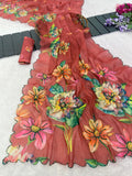 Premium soft linen silk with digital print and khatli work Beautiful Saree