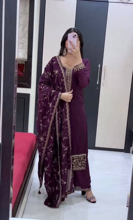 Designer Heavy Georgette Top Plazzo And Duptta Set With Embroidery And Diamond Work