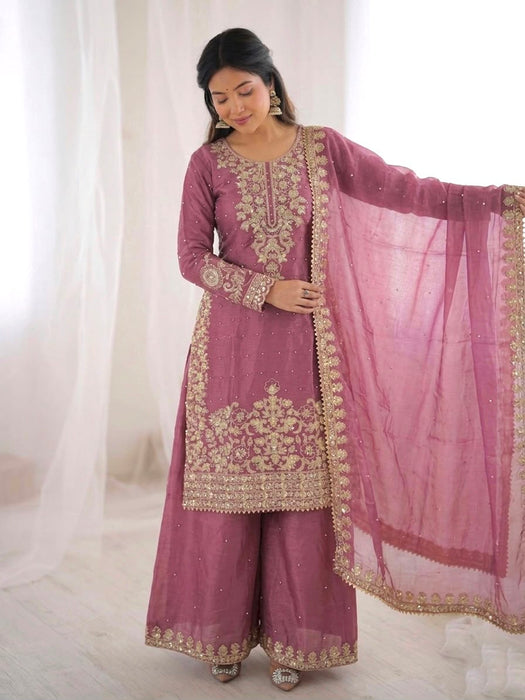 Designer GMY SILK With Heavy Embroidery Coding Sequence Work Top-Bottom And Dupatta Set