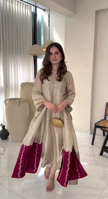 Designer Party Wear Pur Jimmy Choo Silk Top Plazzo And Dupatta Set
