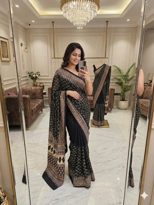 Premium Chinon Silk Beautiful Latest Real Mirror Work Saree
