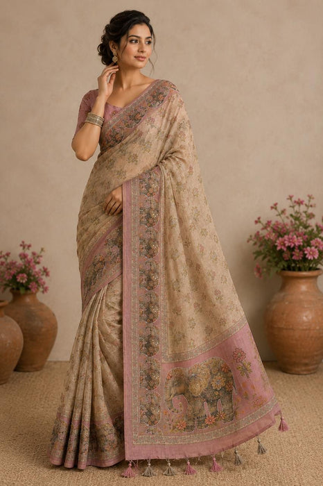 Pure Soft linen coton silk with digital print and Khatli kut dana work with stone attached Saree