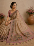 Pure Soft linen coton silk with digital print and Khatli kut dana work with stone attached Saree