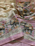 Pure Soft linen coton silk with digital print and Khatli kut dana work with stone attached Saree