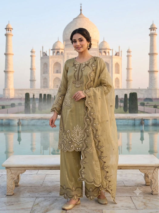 DESIGNER EMBROIDERED WITH CUT WORKED TOP PLAZZO SUIT WITH DUPATTA