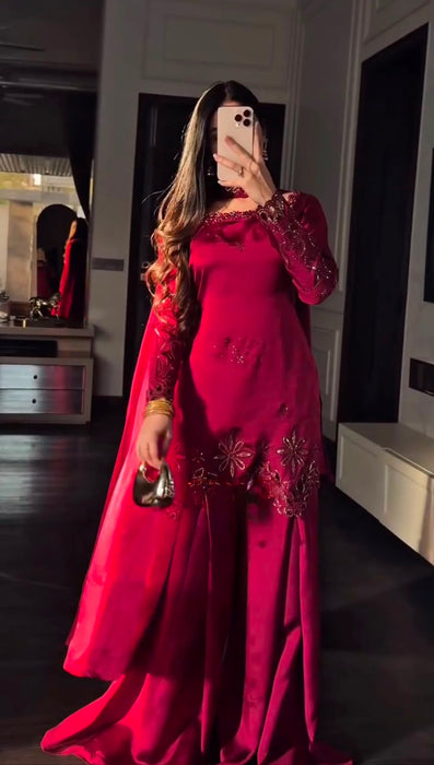 Latest Designer Fendy Silk Top Plazzo And Dupatta Set