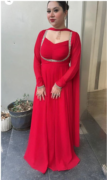 Designer Pure Fox Georgette Party Wear Gown Bottom And Dupatta Set
