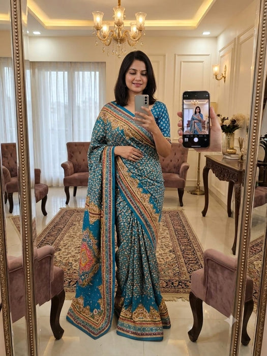 Premium Chinon Silk With Beautiful Print And With Gold Zari Work Saree