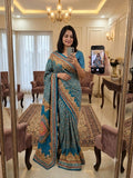 Premium Chinon Silk With Beautiful Print And With Gold Zari Work Saree