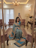 Premium Chinon Silk With Beautiful Print And With Gold Zari Work Saree