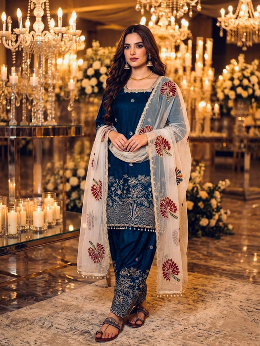 Designer Party Wear Pure Fendi Silk Top  Farshi Palazzo With Dupatta Set