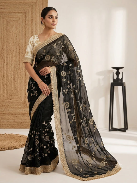 Pure Fandy satin material with c pallu birts embroidery work with ready made lace border Saree