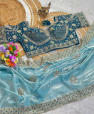 Pure Fandy satin material with c pallu embroidery work with sequences and cut work border Saree