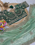 Pure Fandy satin material with c pallu embroidery work with sequences and cut work border Saree