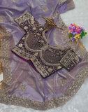 Pure Fandy satin material with c pallu embroidery work with sequences and cut work border Saree
