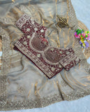Pure Fandy satin material with c pallu embroidery work with sequences and cut work border Saree