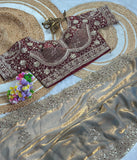 Pure Fandy satin material with c pallu embroidery work with sequences and cut work border Saree