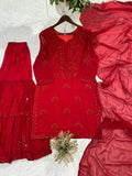 Latest Designer Georgette Top Dupatta And Sharara Set With Beautiful Embroidery Work