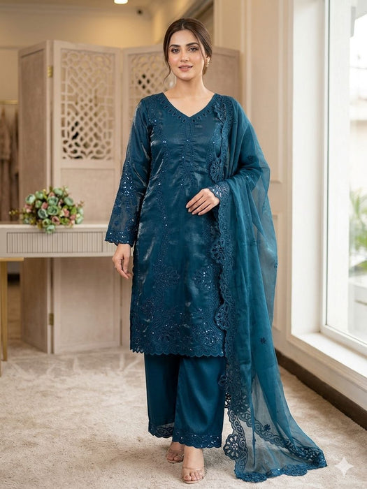 DESIGNER PAKISTANI SUIT WITH SEQUENCE EMBROIDERED AND CUT WORKED TOP PLAZZO AND DUPATTA
