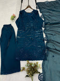 DESIGNER PAKISTANI SUIT WITH SEQUENCE EMBROIDERED AND CUT WORKED TOP PLAZZO AND DUPATTA