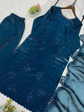 DESIGNER PAKISTANI SUIT WITH SEQUENCE EMBROIDERED AND CUT WORKED TOP PLAZZO AND DUPATTA