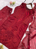 DESIGNER PAKISTANI SUIT WITH SEQUENCE EMBROIDERED AND CUT WORKED TOP PLAZZO AND DUPATTA