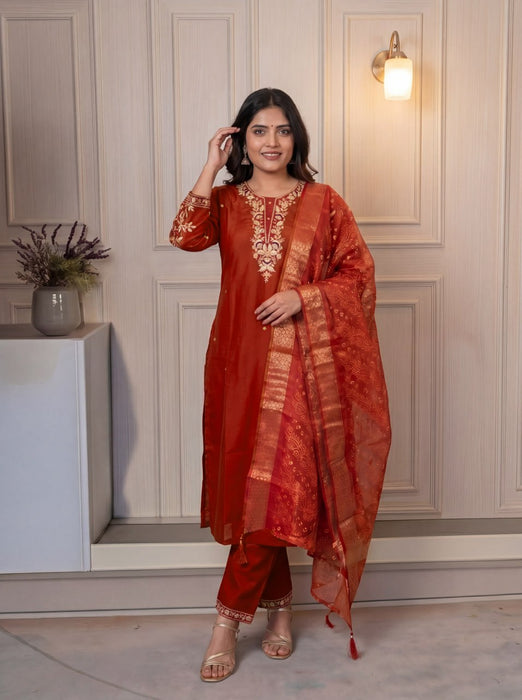 Fully Stitched 3 Pieces Embroidery Sequence work Kurta and Pant & Dupatta Set
