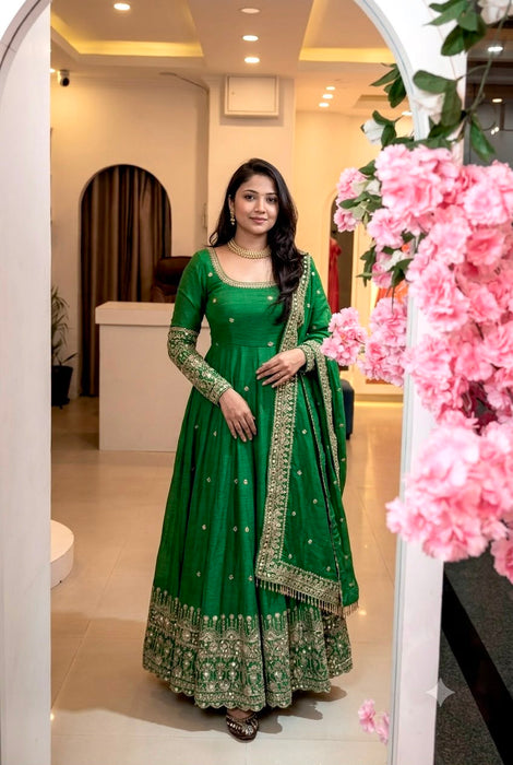 Designer Crunchy Silk Gown Bottom And Dupatta With Embroidery And Sequence Work