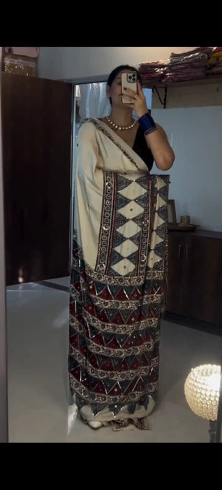 Premium Chinon Silk With Beautiful Print And With Beautiful Sequins Work Saree