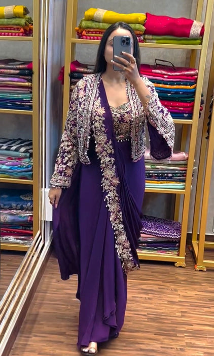 New Super Trending Embroidery Cording Work Ready To Wear Saree With Full Koti