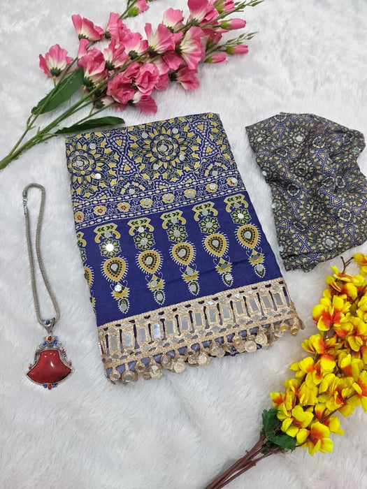 Premium Chinon Silk With Beautiful Print And With Real Mirror Work Saree
