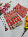 Premium Chinon Silk With Beautiful Print And With Real Mirror Work Saree