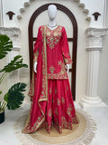 Designer Chinon Silk Top Plazzo And Dupatta Set With Thread With sequnce Work