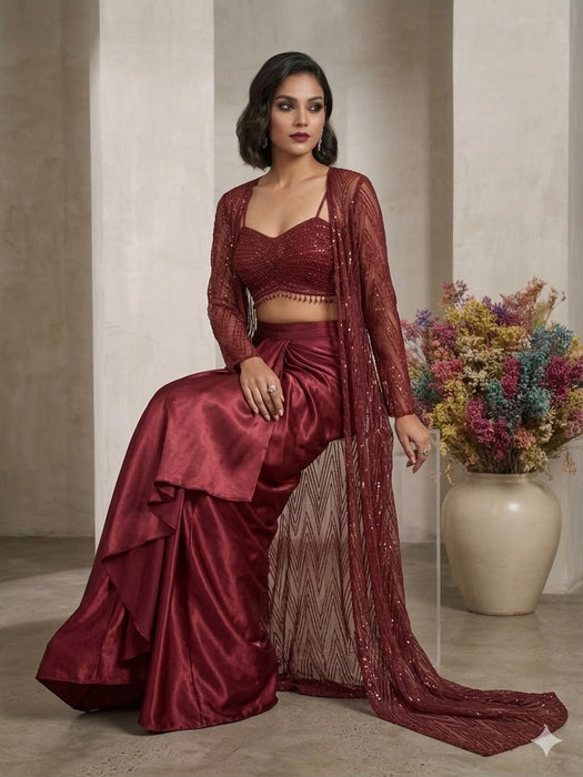 MOSS SATIN WITH SEQUENCE EMBROIDERED BUTTERFLY NET DRESS