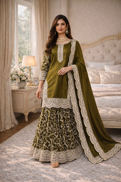 Designer Heavy Fandy Silk Party Wear Top Plazzo And Dupatta Set