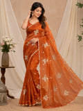 Pure Fandy satin material with c pallu embroidery work with sequences and cut work border Saree
