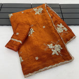 Pure Fandy satin material with c pallu embroidery work with sequences and cut work border Saree