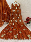 Pure Fandy satin material with c pallu embroidery work with sequences and cut work border Saree