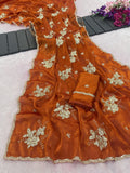 Pure Fandy satin material with c pallu embroidery work with sequences and cut work border Saree